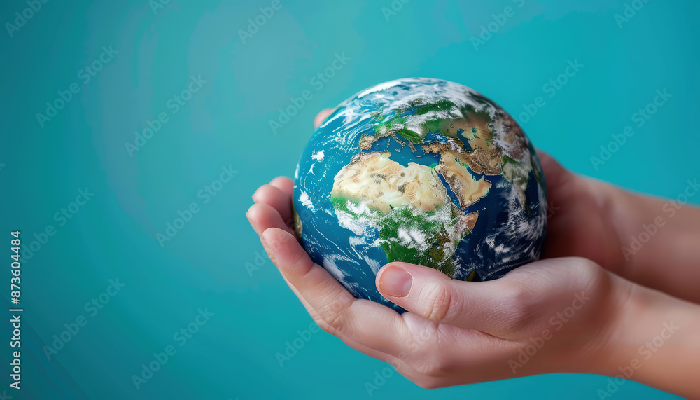 Two hands cradle a miniature Earth against a vivid blue background Two hands cradle a miniature Earth against a vivid blue background