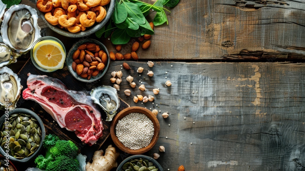 Zinc Rich Foods on Rustic Wooden Table Zinc Rich Foods on Rustic Wooden Table