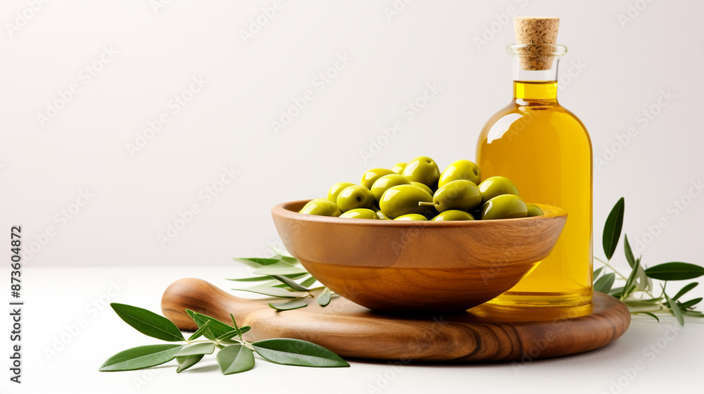 Olive oil in a wooden bowl on a white background with olives and leaves Olive oil in a wooden bowl on a white background with olives and leaves