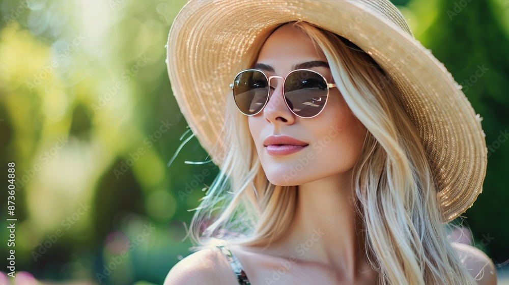 Beautiful blonde woman wearing stylish sunglasses and a summer hat. Her outfit exudes casual elegance. Perfect for a sunny day outdoors. Beautiful blonde woman wearing stylish sunglasses and a summer hat. Her outfit exudes casual elegance. Perfect for a sunny day outdoors.