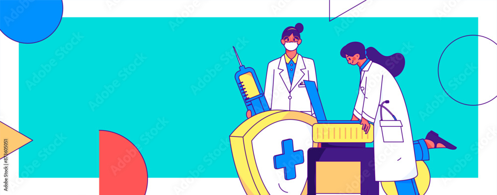 Fototapeta premium Medical characters fighting the epidemic flat vector concept operation hand drawn illustration 