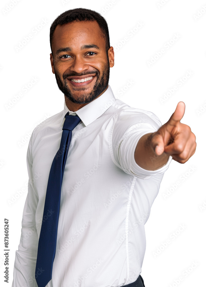 30-year-old Black man in a white shirt and tie, confidently smiling and pointing forward with finger 30-year-old Black man in a white shirt and tie, confidently smiling and pointing forward with finger