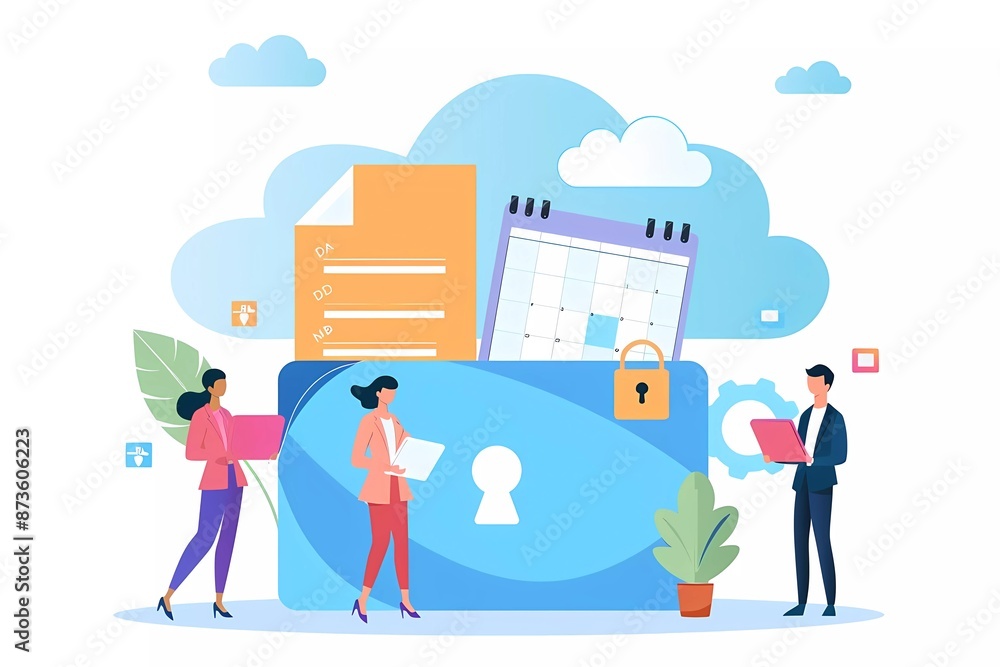 flat vector illustration of small business people holding documents, files and a cloud with a locked calendar on the side in front of a large flat folder document for a data protection day concept flat vector illustration of small business people holding documents, files and a cloud with a locked calendar on the side in front of a large flat folder document for a data protection day concept
