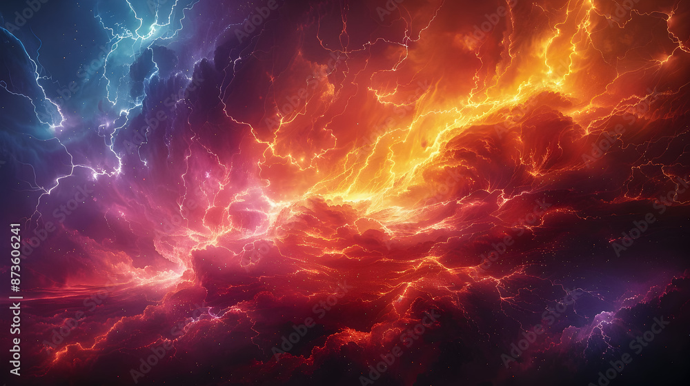 Dramatic multicolored lightning bursts erupting across a swirling atmospheric sky with an abstract expressionist technique and a touch of realism Dramatic multicolored lightning bursts erupting across a swirling atmospheric sky with an abstract expressionist technique and a touch of realism