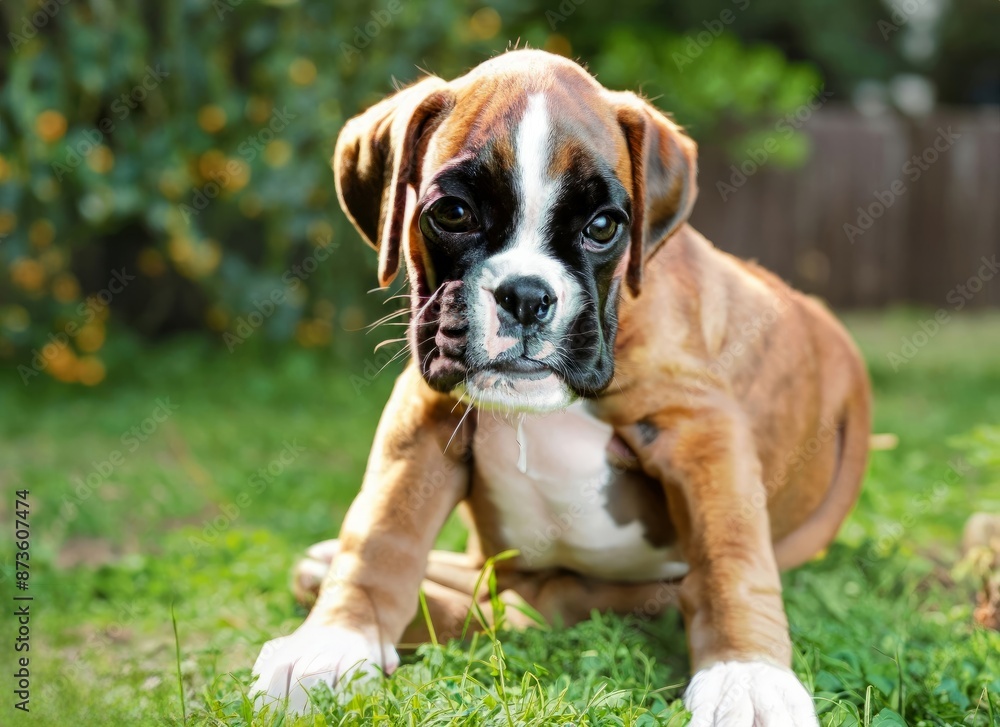 puppy Boxer dog in garden , generated by AI. High quality photo puppy Boxer dog in garden , generated by AI. High quality photo