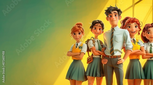 of male and female students, uniform of white shirt and blueish gray long short, with yellow-green gradient background.
