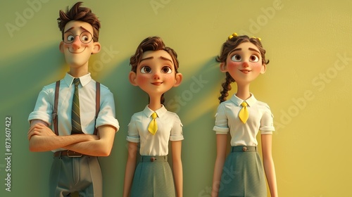 of male and female students, uniform of white shirt and blueish gray long short, with yellow-green gradient background.