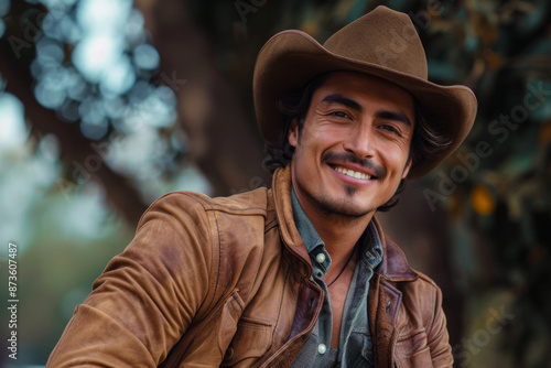 Latino handsome man smiling, cowboy