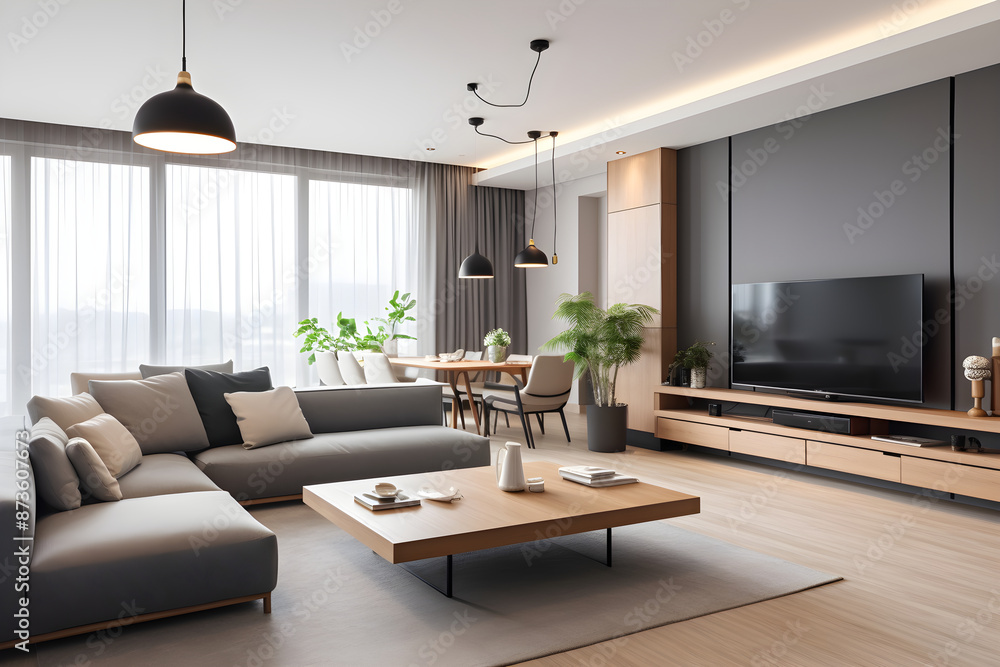 Fototapeta premium Minimalist Elegance: A Glimpse into a High-Level Modern Interior Living Space