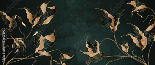Dark luxury art background with exotic leaves and flowers in golden line style. Hand drawn botanical pattern for decor, print, wallpaper, invitation, cover, postcard, interior.