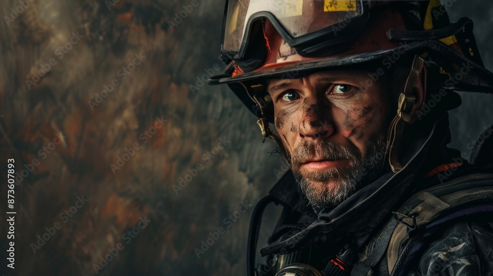 Paint a solemn portrait of a firefighter in full gear, their face showing signs of fatigue and resolve, with a shadowy backdrop to highlight their bravery and commitment. Paint a solemn portrait of a firefighter in full gear, their face showing signs of fatigue and resolve, with a shadowy backdrop to highlight their bravery and commitment.