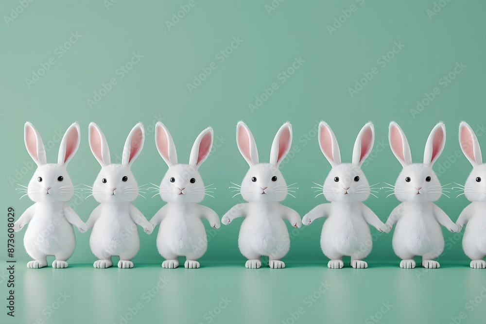 3D render of A line of Easter bunnies holding hands on a pastel green background, clean background, no copyrighted logo, no letters, no peaple 3D render of A line of Easter bunnies holding hands on a pastel green background, clean background, no copyrighted logo, no letters, no peaple