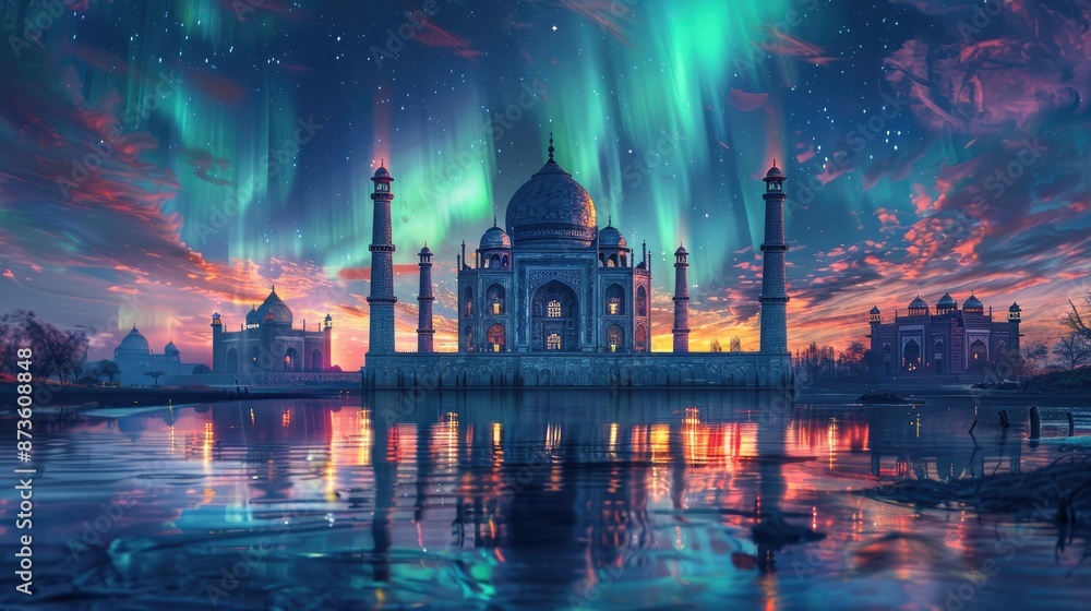 Fototapeta premium A stunning image of the Taj Mahal illuminated by the Northern Lights, reflecting in the water at night. A blend of architectural marvels and nature's wonders.