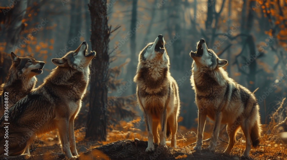 Naklejka premium Three Wolves Howling in the Forest.