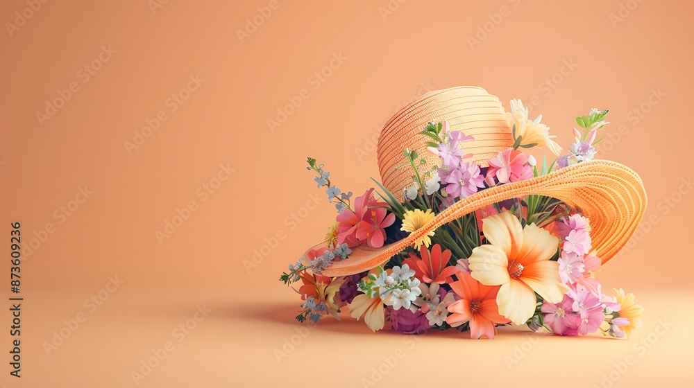 3D render of A close-up of an Easter bonnet with flowers on a pastel orange background, clean background, no copyrighted logo, no letters, no peaple 3D render of A close-up of an Easter bonnet with flowers on a pastel orange background, clean background, no copyrighted logo, no letters, no peaple