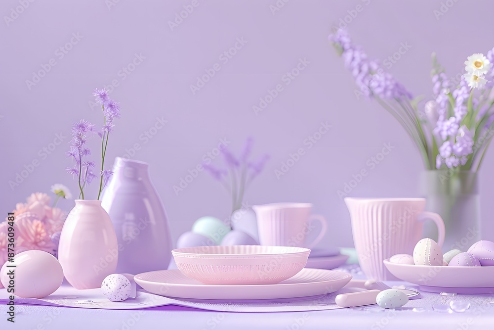 3D render of A beautifully set table for Easter breakfast on a pastel purple background, clean background, no copyrighted logo, no letters, no peaple 3D render of A beautifully set table for Easter breakfast on a pastel purple background, clean background, no copyrighted logo, no letters, no peaple