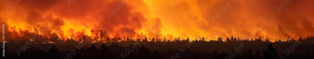 Obraz premium A raging forest fire against a fiery red sunset, showing the danger level of bushfires - a dramatic scene of nature