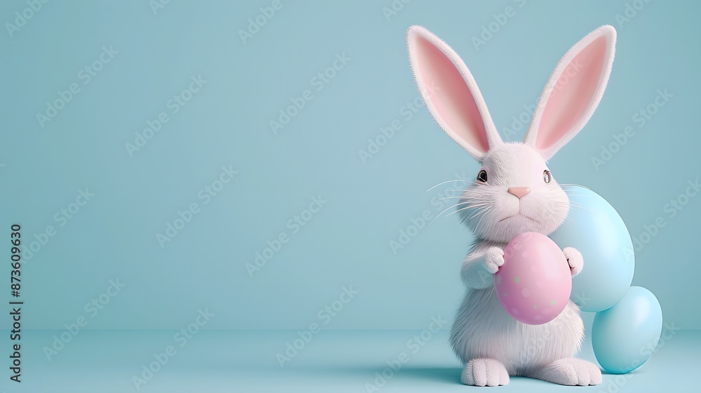 Obraz premium 3D render of Cute bunny holding an Easter egg on a pastel blue background, clean background, no copyrighted logo, no letters, no peaple