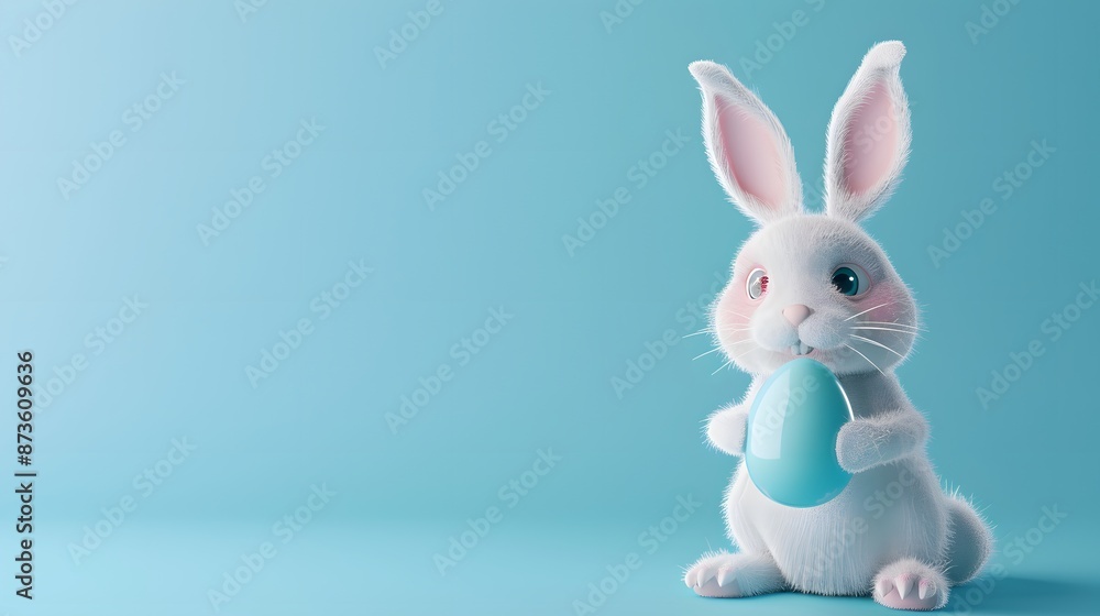 3D render of Cute bunny holding an Easter egg on a pastel blue background, clean background, no copyrighted logo, no letters, no peaple 3D render of Cute bunny holding an Easter egg on a pastel blue background, clean background, no copyrighted logo, no letters, no peaple