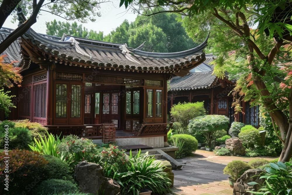 Obraz premium Peaceful traditional chinese garden with intricate pavilion and lush greenery