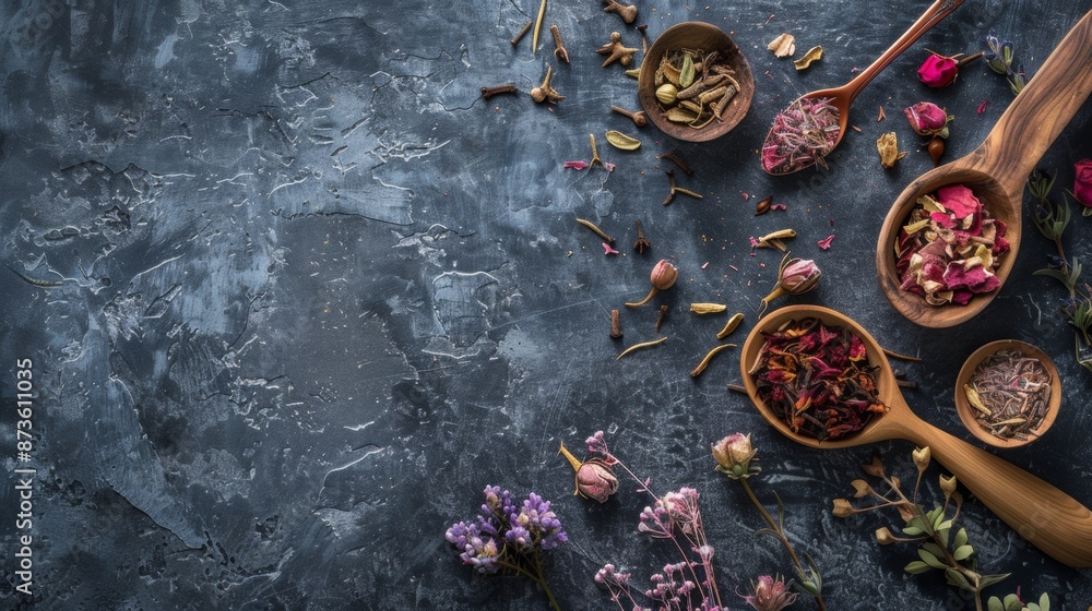Assorted dried herbs and spices on dark surface Assorted dried herbs and spices on dark surface