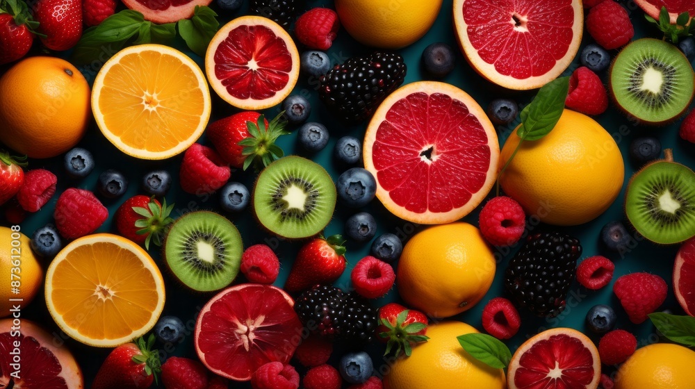 Healthy fruit platter background: top view of fresh and vibrant assorted fruits including strawberries, raspberries, oranges, plums, apples, kiwis, grapes, blueberries, mango, and persimmon, selective Healthy fruit platter background: top view of fresh and vibrant assorted fruits including strawberries, raspberries, oranges, plums, apples, kiwis, grapes, blueberries, mango, and persimmon, selective