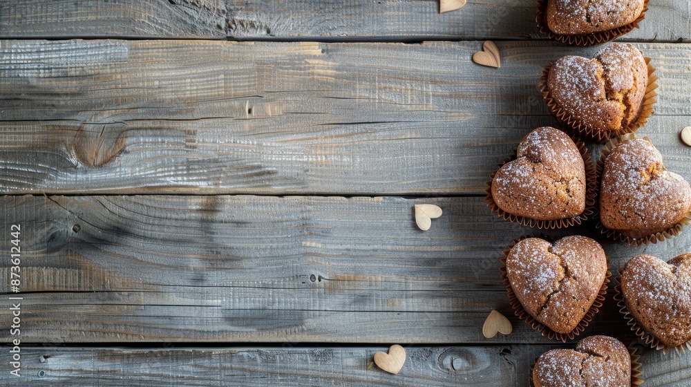 Heart shaped muffin blanks on wooden planks against grey background with space for text Heart shaped muffin blanks on wooden planks against grey background with space for text