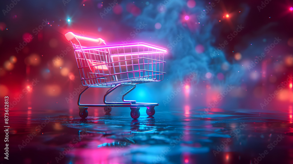 Vibrant Neon Lit Virtual Shopping Cart Levitating in Zero Gravity Against a Minimalist Backdrop Vibrant Neon Lit Virtual Shopping Cart Levitating in Zero Gravity Against a Minimalist Backdrop