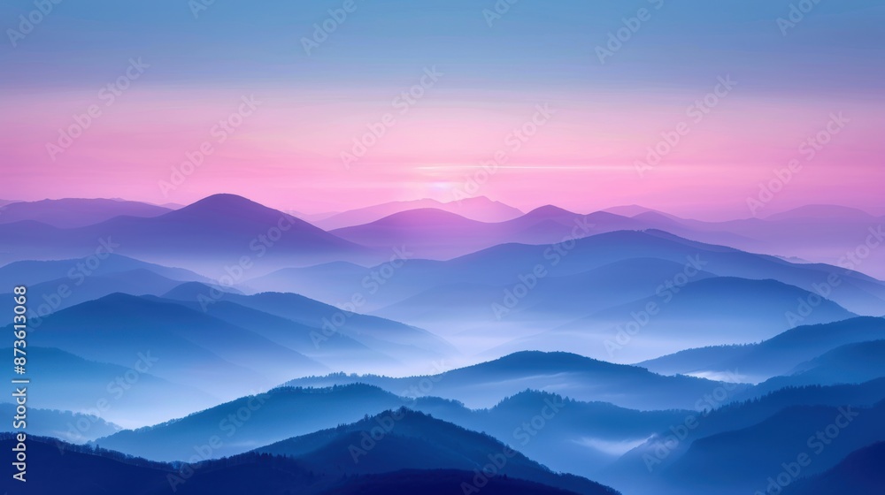 Serene misty mountain ranges with a beautiful sunrise, creating a peaceful and picturesque landscape. Serene misty mountain ranges with a beautiful sunrise, creating a peaceful and picturesque landscape.