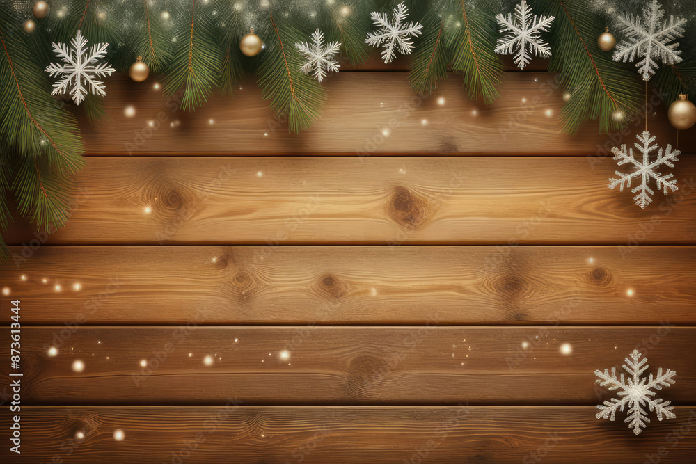 Fototapeta premium Rustic Wooden Planks with Snowflakes Background