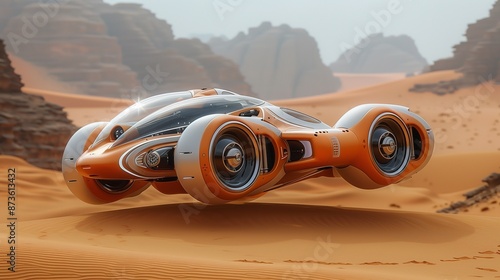 Concept Hoverbike with Black Friday Packages Hovering over Desert Dunes photo