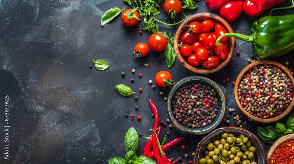 Assorted spices and vegetables on dark background Assorted spices and vegetables on dark background