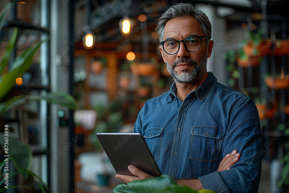 Confident Mature Man with Tablet in Modern Indoor Garden Setting Confident Mature Man with Tablet in Modern Indoor Garden Setting