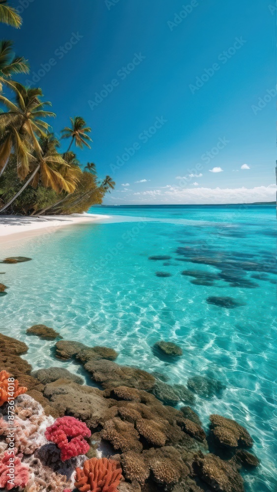 Tranquil Tropical Haven, Clear Turquoise Waters, White Sands, and Vibrant Coral Reefs Tranquil Tropical Haven, Clear Turquoise Waters, White Sands, and Vibrant Coral Reefs