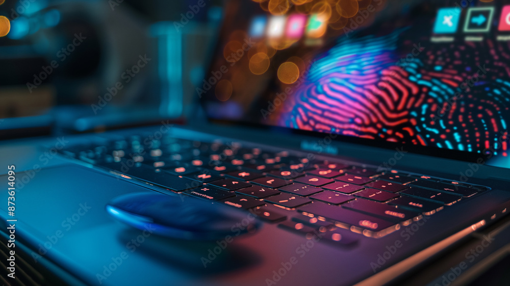 a laptop on the table encrypted with fingerprint authentication modern digital cyber security technology futuristic data protection tech a laptop on the table encrypted with fingerprint authentication modern digital cyber security technology futuristic data protection tech