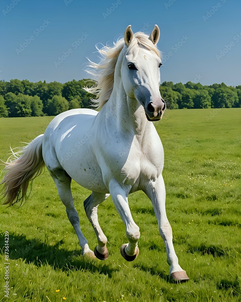 A majestic white horse galloping freely in a lush green meadow under a clear blue sky, peaceful, beautiful, graceful A majestic white horse galloping freely in a lush green meadow under a clear blue sky, peaceful, beautiful, graceful