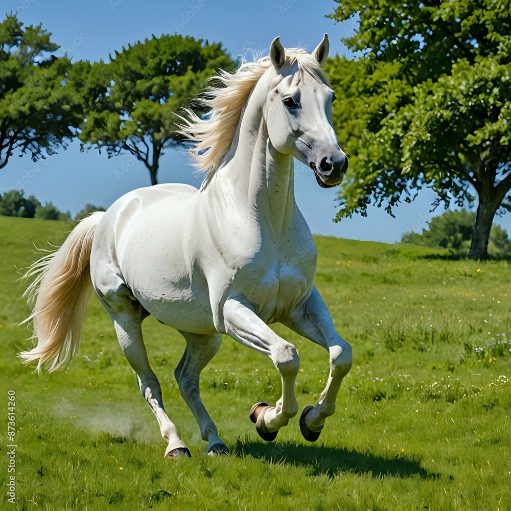 A majestic white horse galloping freely in a lush green meadow under a clear blue sky, peaceful, beautiful, graceful A majestic white horse galloping freely in a lush green meadow under a clear blue sky, peaceful, beautiful, graceful