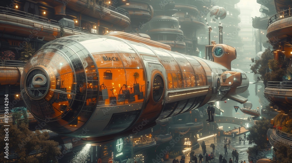 Futuristic submarine in an underwater city, filled with Black Friday shopping bags and marine deals. Futuristic submarine in an underwater city, filled with Black Friday shopping bags and marine deals.