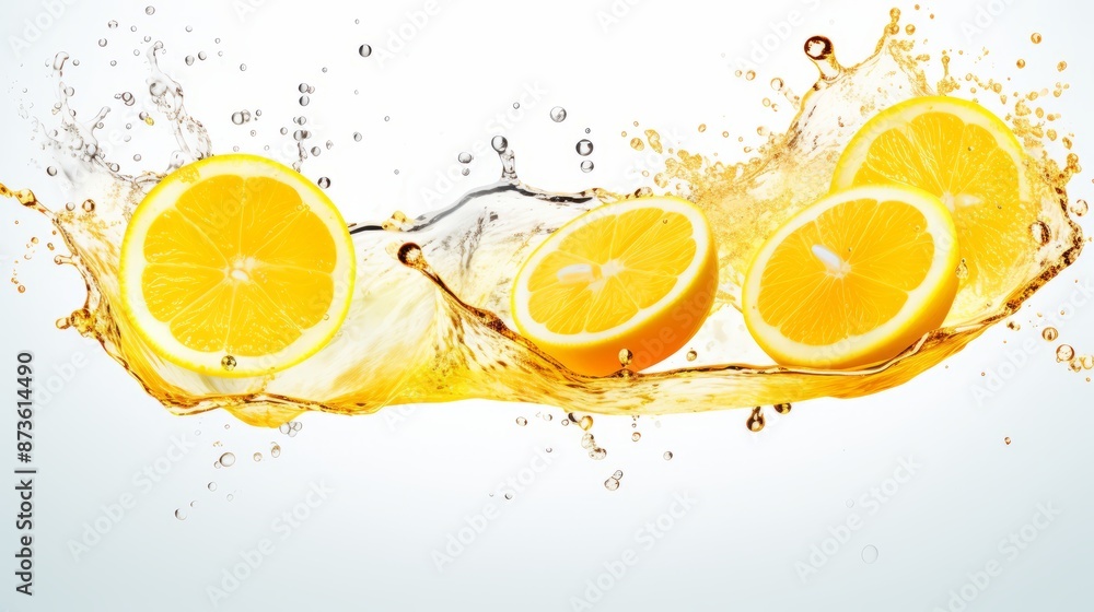 Falling slices of lemon with juicy splash, isolated on white background - fresh citrus fruit slice in motion captured with vibrant splash effect, ideal for culinary concepts and refreshing summer beve Falling slices of lemon with juicy splash, isolated on white background - fresh citrus fruit slice in motion captured with vibrant splash effect, ideal for culinary concepts and refreshing summer beve