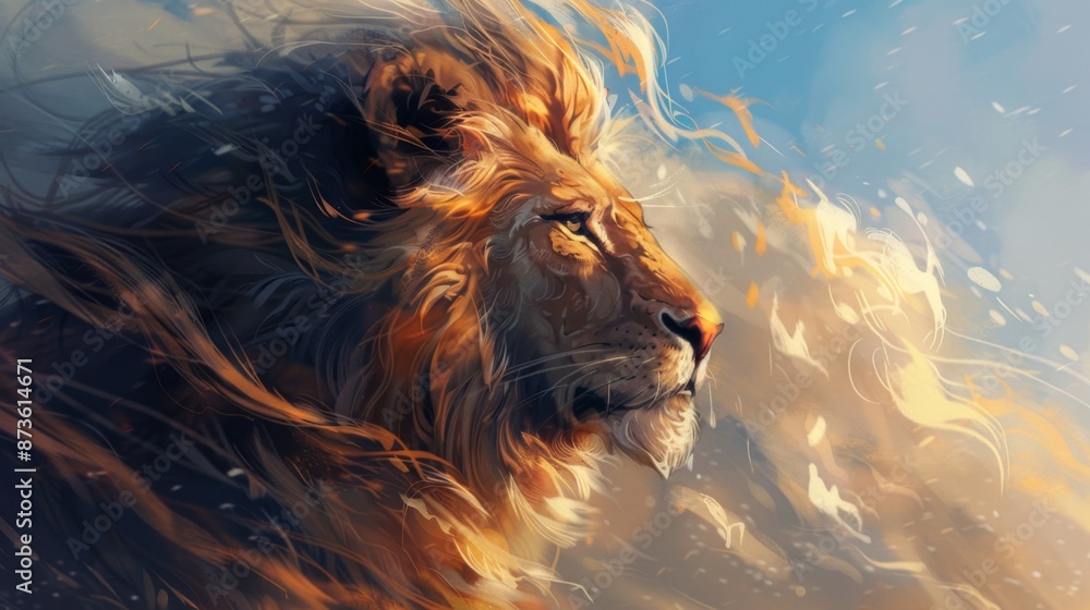 Naklejka premium Majestic Lion with Flowing Mane