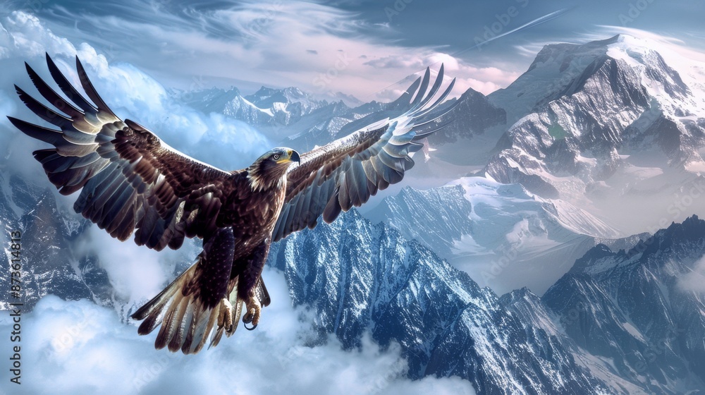 Eagle Soaring Above Snowy Mountains. Eagle Soaring Above Snowy Mountains.