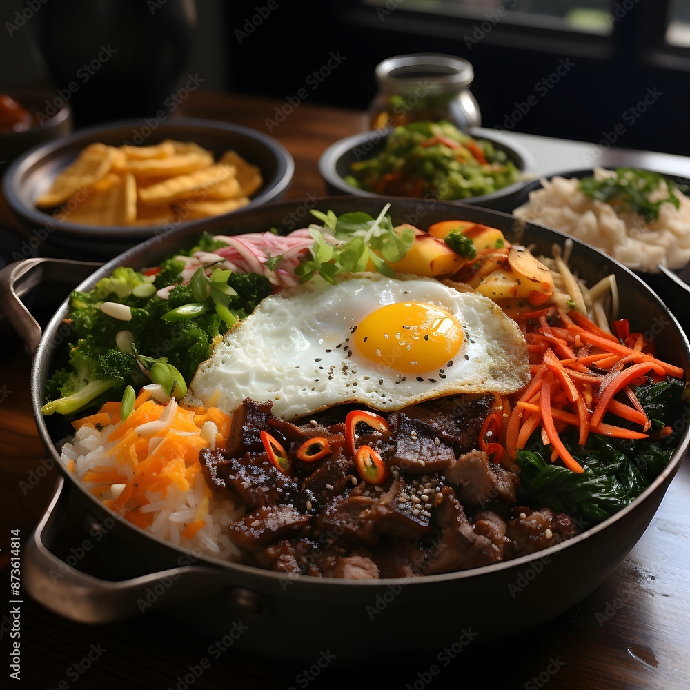 bibimbap in an earthenware bowl and side dishes bibimbap in an earthenware bowl and side dishes