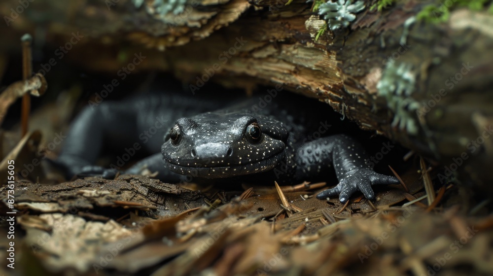 Black Salamander Hiding Under Log. Black Salamander Hiding Under Log.