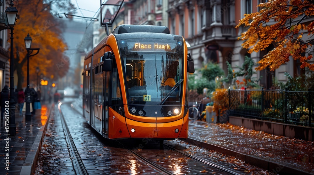 Modern trolleybus in a historic city center, adorned with Black Friday shopping bags and cultural deals. Modern trolleybus in a historic city center, adorned with Black Friday shopping bags and cultural deals.