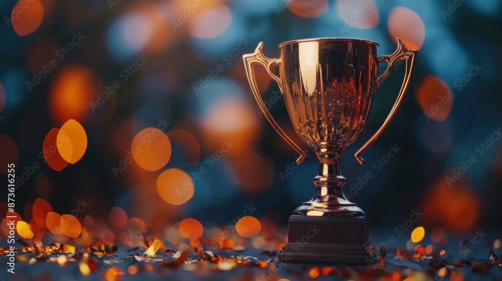 A golden trophy against a background of sparkling bokeh lights, symbolizing victory and achievement. A golden trophy against a background of sparkling bokeh lights, symbolizing victory and achievement.