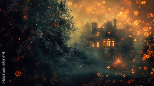 A spooky, old mansion glowing with eerie lights, surrounded by a misty forest and floating orbs. © tashechka