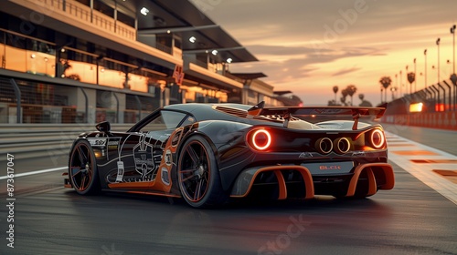 Sleek sports car at a racetrack, adorned with Black Friday shopping bags and speed deals.