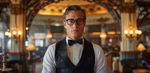 Young Man Wearing Glasses and Bow Tie in a Restaurant