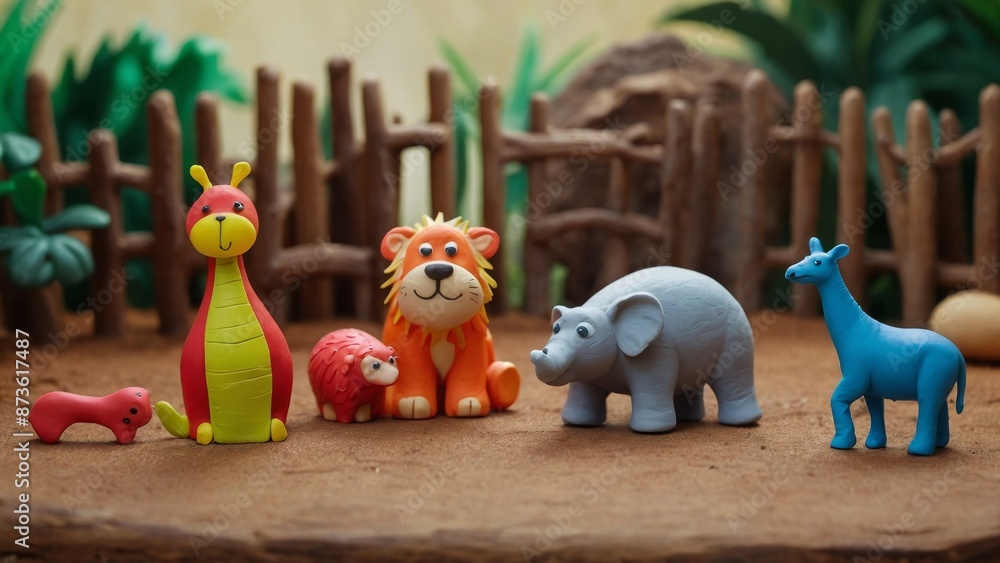 Naklejka premium Whimsical Stop-Motion Zoo Adventure Featuring Adorable Claymation Animals in a Lively Setting