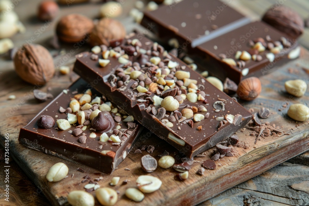 Gourmet milk chocolate bar with a variety of nuts on a rustic wood background Gourmet milk chocolate bar with a variety of nuts on a rustic wood background